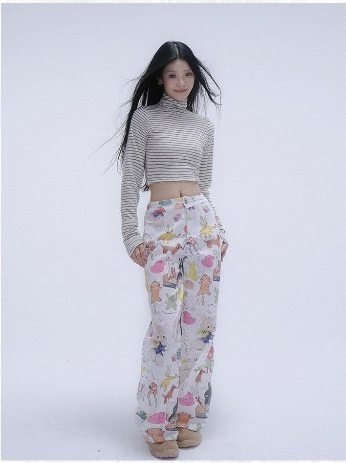 GGLOYDIUS Animal Cartoon Print High Waist Women's Cotton Wide-leg Pants