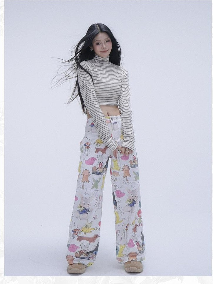 GGLOYDIUS Animal Cartoon Print High Waist Women's Cotton Wide-leg Pants