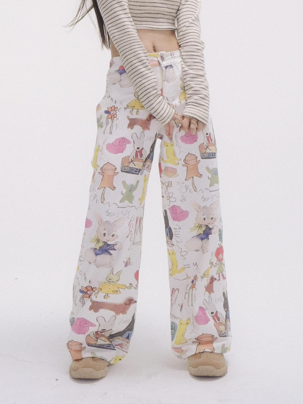 GGLOYDIUS Animal Cartoon Print High Waist Women's Cotton Wide-leg Pants