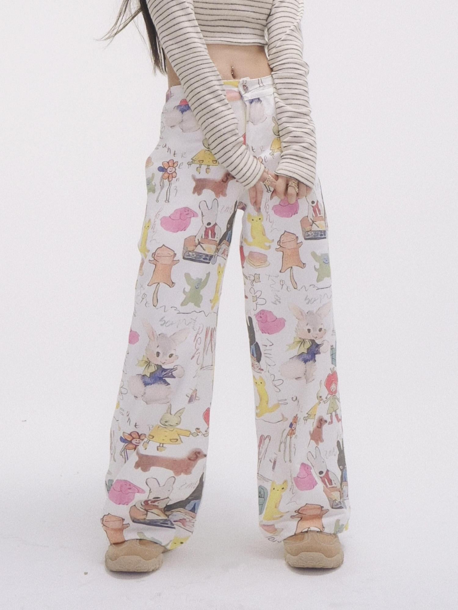 GGLOYDIUS Animal Cartoon Print High Waist Women's Cotton Wide-leg Pants
