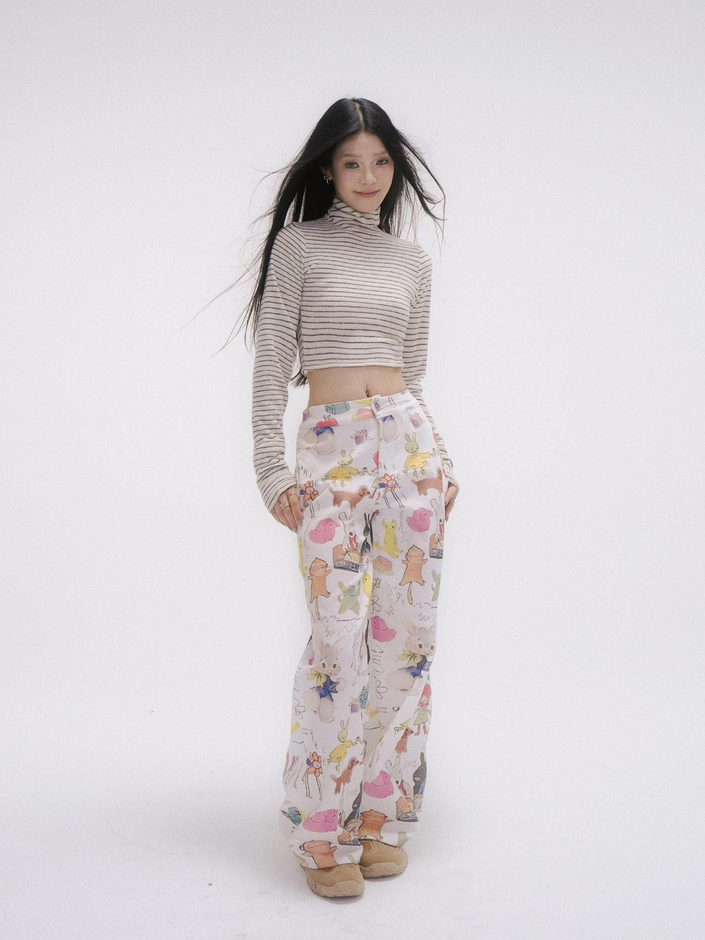 GGLOYDIUS Animal Cartoon Print High Waist Women's Cotton Wide-leg Pants