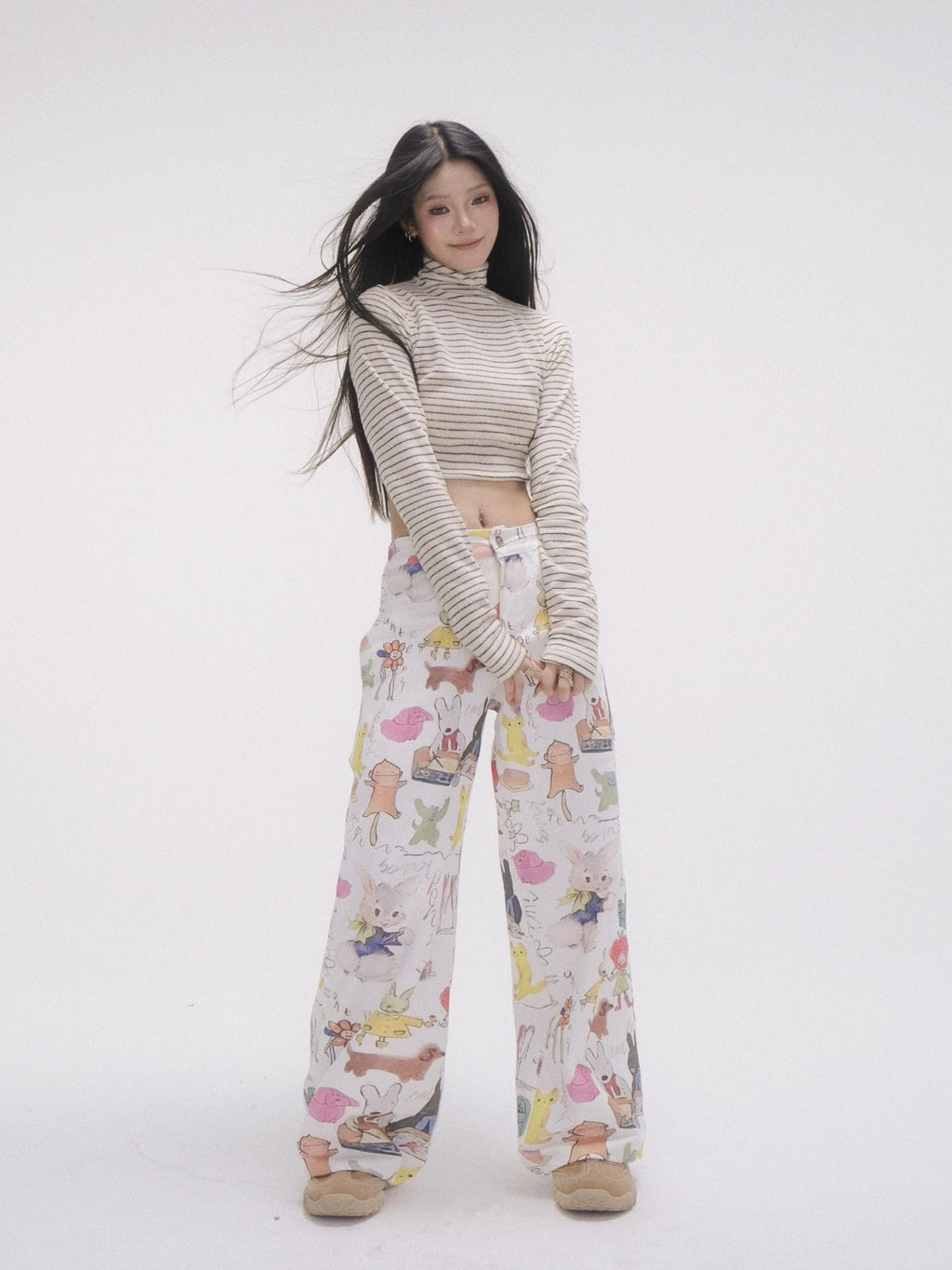 GGLOYDIUS Animal Cartoon Print High Waist Women's Cotton Wide-leg Pants