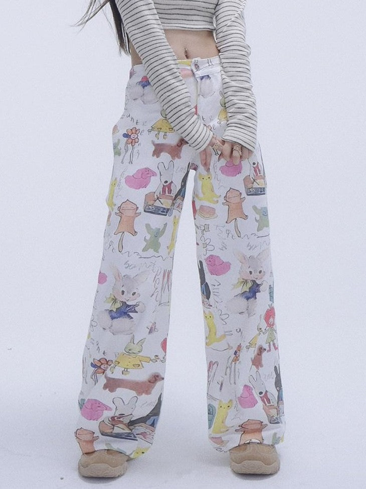 GGLOYDIUS Animal Cartoon Print High Waist Women's Cotton Wide-leg Pants