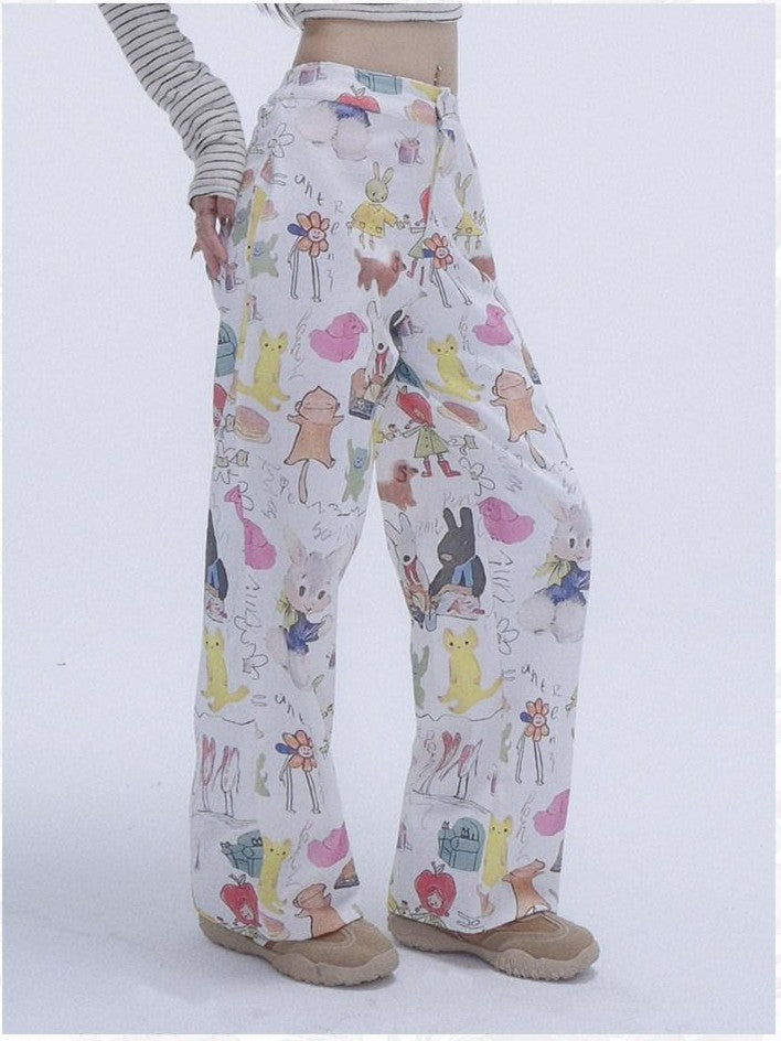 GGLOYDIUS Animal Cartoon Print High Waist Women's Cotton Wide-leg Pants