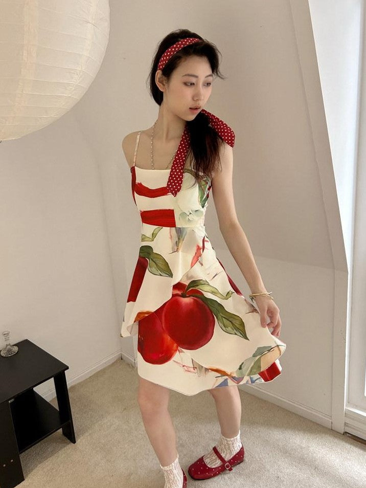 GGLOYDIUS Apple Print Spaghetti Strap Square Neck Women's Polyester Slip Midi Dresses