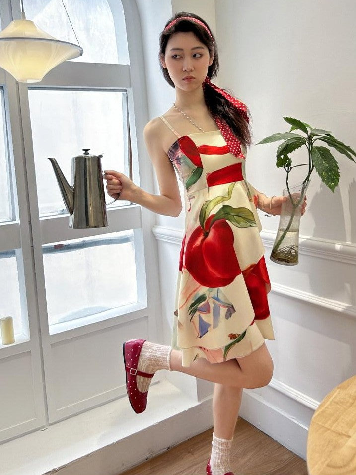 GGLOYDIUS Apple Print Spaghetti Strap Square Neck Women's Polyester Slip Midi Dresses