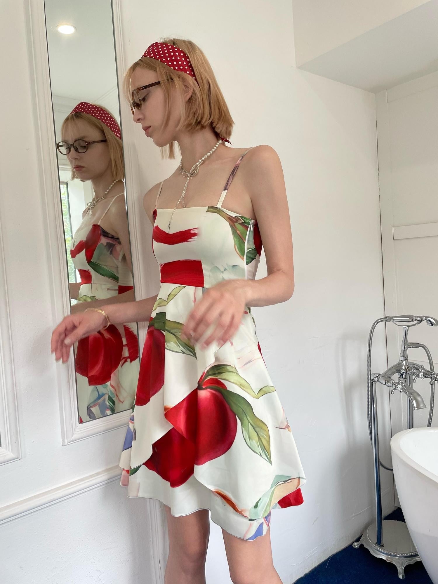 GGLOYDIUS Apple Print Spaghetti Strap Square Neck Women's Polyester Slip Midi Dresses