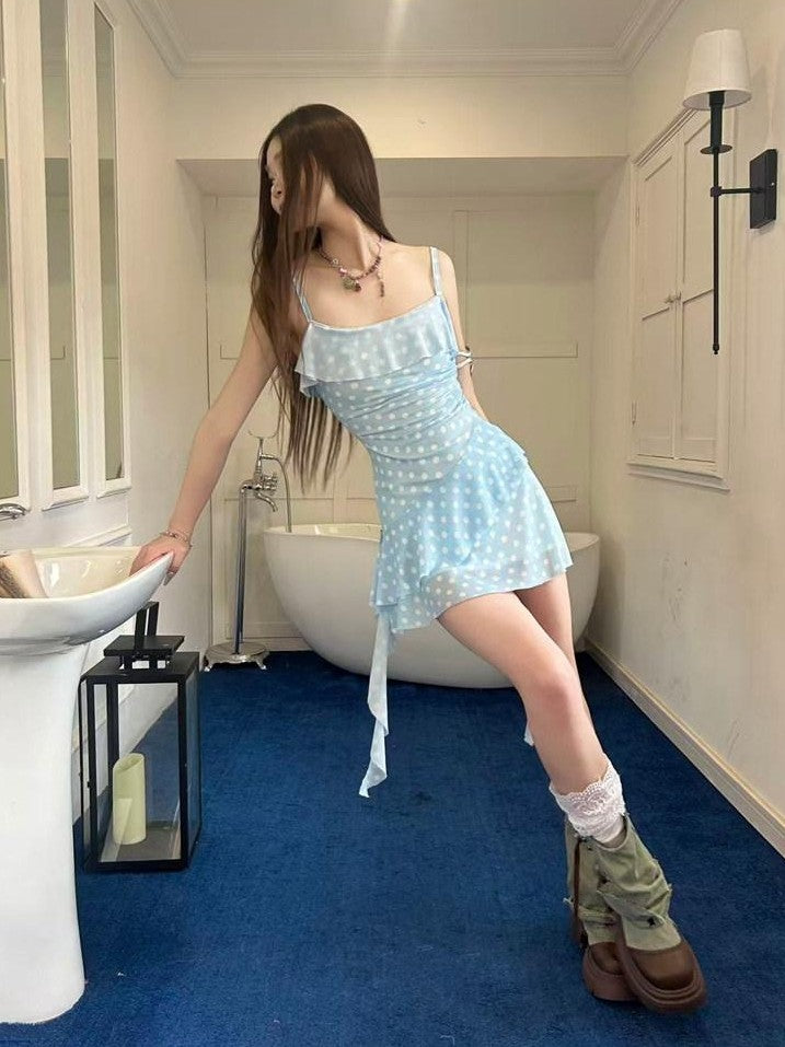 GGLOYDIUS Baby Blue Polka Dot Spaghetti Strap Cinched Waist Women's Slip Mini Dresses