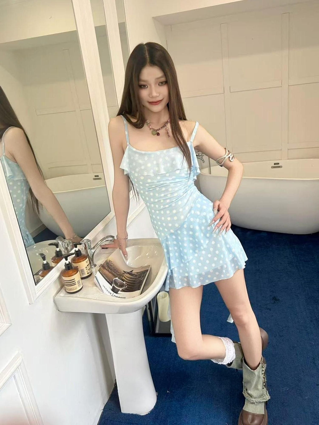GGLOYDIUS Baby Blue Polka Dot Spaghetti Strap Cinched Waist Women's Slip Mini Dresses