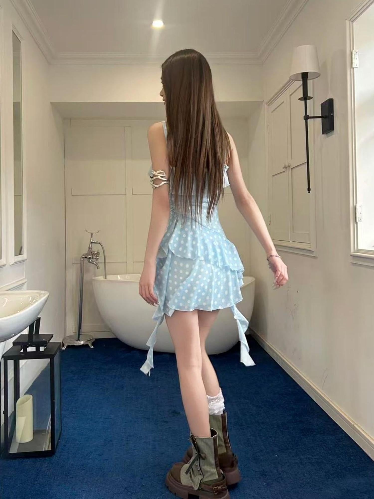 GGLOYDIUS Baby Blue Polka Dot Spaghetti Strap Cinched Waist Women's Slip Mini Dresses