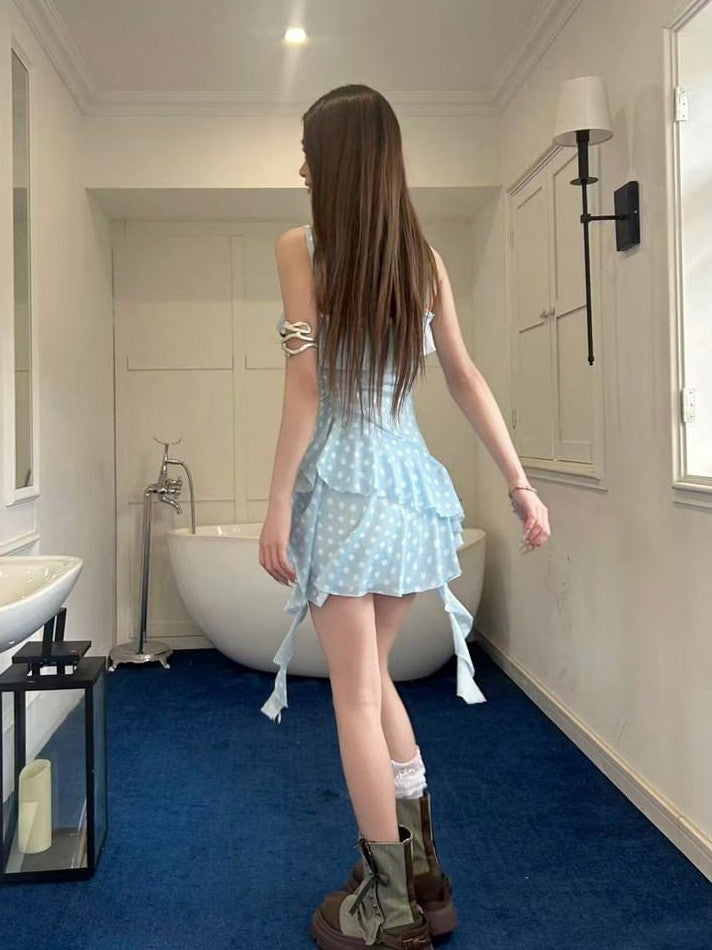 GGLOYDIUS Baby Blue Polka Dot Spaghetti Strap Cinched Waist Women's Slip Mini Dresses