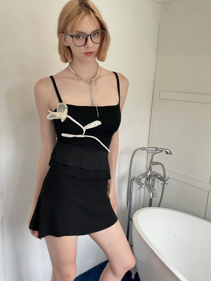 GGLOYDIUS Black 3d Floral Spaghetti Strap Bodycon Women's Rayon Slip Mini Dresses