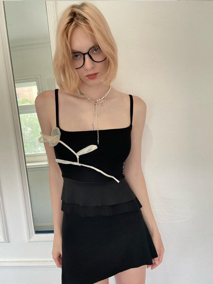 GGLOYDIUS Black 3d Floral Spaghetti Strap Bodycon Women's Rayon Slip Mini Dresses