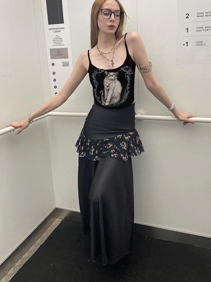 GGLOYDIUS Black Gothic Lace Cami Slim Women's Lace Matching Skirt Sets