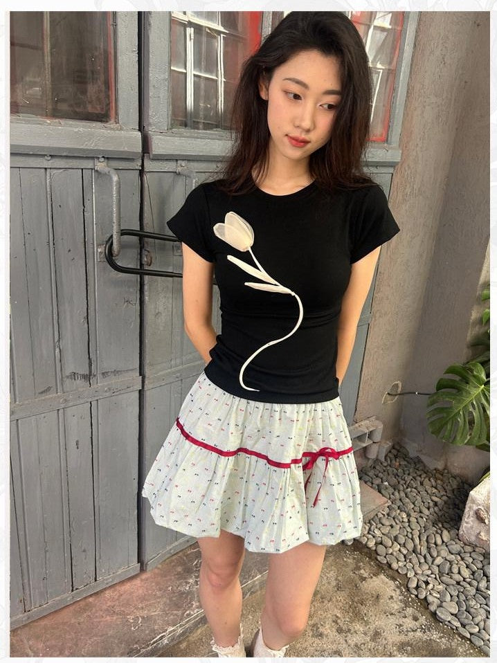 GGLOYDIUS Black Jacquard Cross Floral Print Women's Polyester Short Sleeve T-shirts