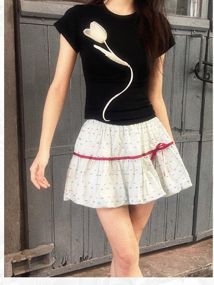 GGLOYDIUS Black Jacquard Cross Floral Print Women's Polyester Short Sleeve T-shirts