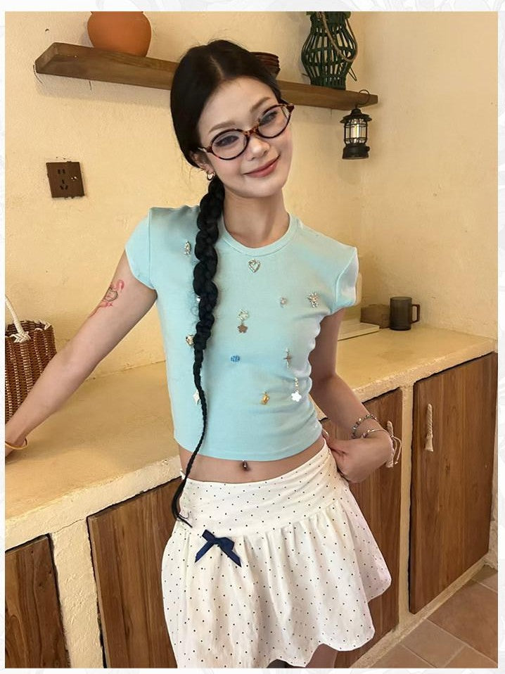 GGLOYDIUS Blue Cross Print Polka Dot Two Piece Women's Cotton Blend Matching Skirt Sets