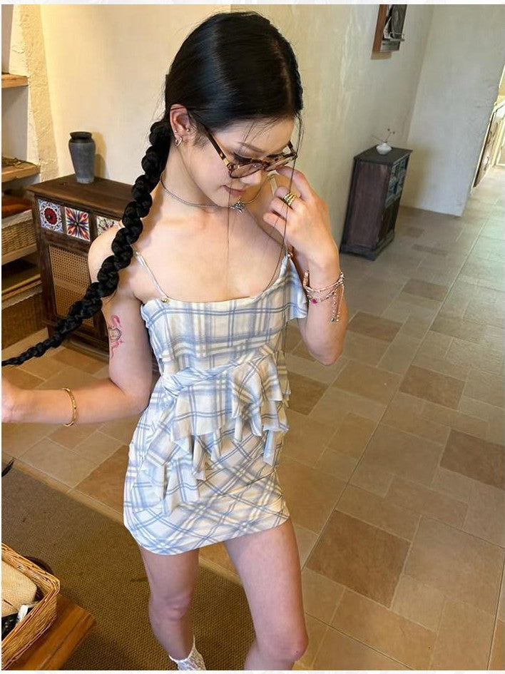 GGLOYDIUS Blue Plaid Asymmetric Cinched Waist Silver Ring Women's Slip Mini Dresses