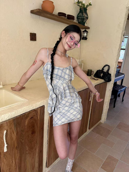 GGLOYDIUS Blue Plaid Asymmetric Cinched Waist Silver Ring Women's Slip Mini Dresses