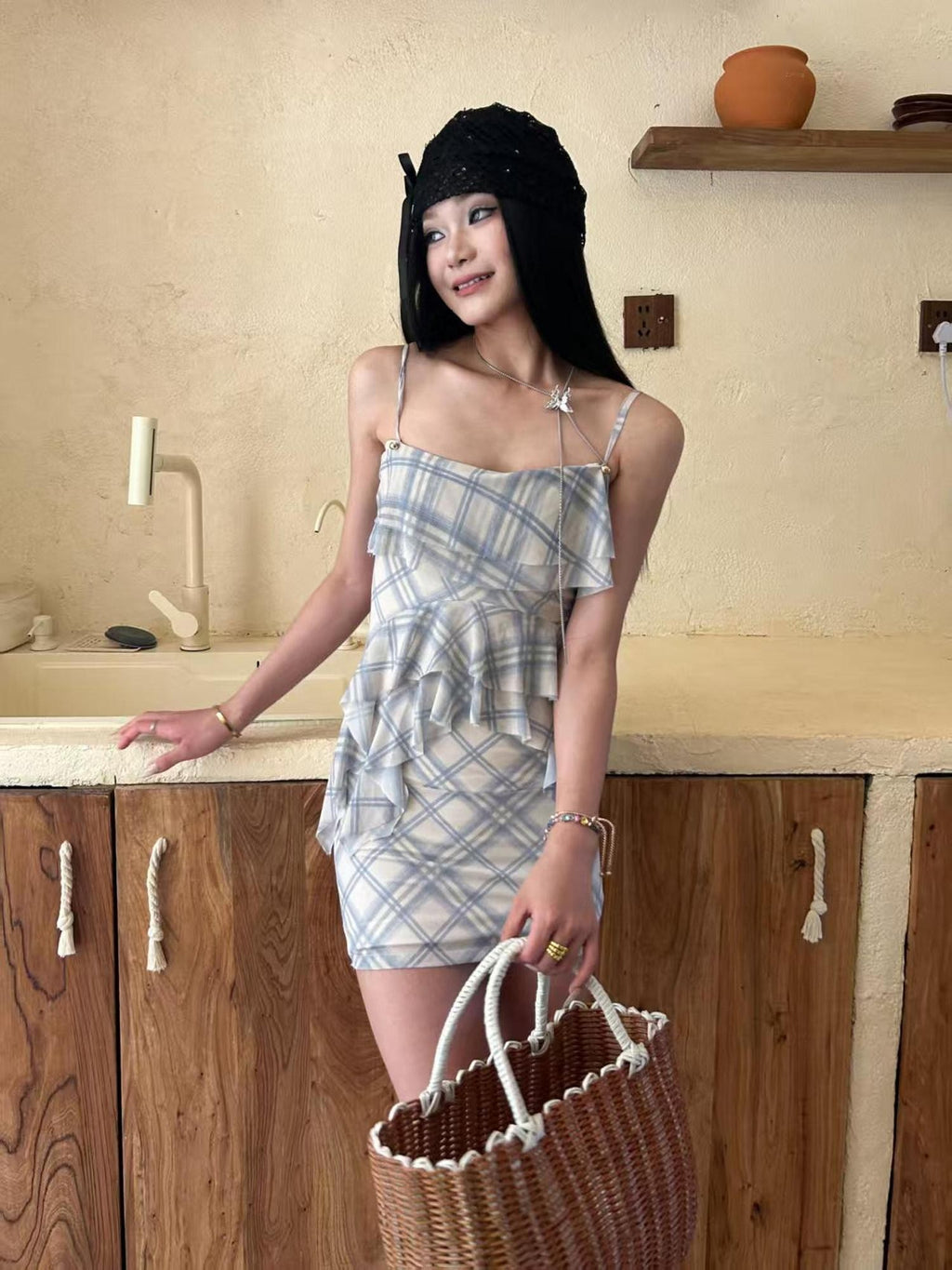 GGLOYDIUS Blue Plaid Asymmetric Cinched Waist Silver Ring Women's Slip Mini Dresses