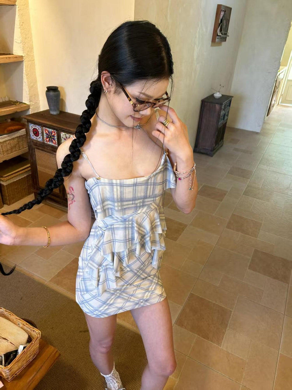 GGLOYDIUS Blue Plaid Asymmetric Cinched Waist Silver Ring Women's Slip Mini Dresses