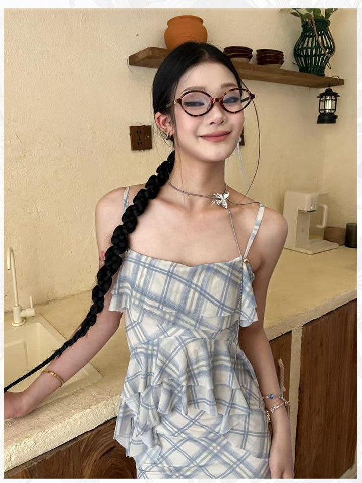 GGLOYDIUS Blue Plaid Asymmetric Cinched Waist Silver Ring Women's Slip Mini Dresses