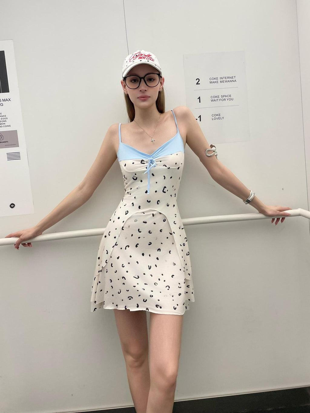 GGLOYDIUS Blue White Polka Dot Spaghetti Strap V-neck Women's Polyester Slip Midi Dresses