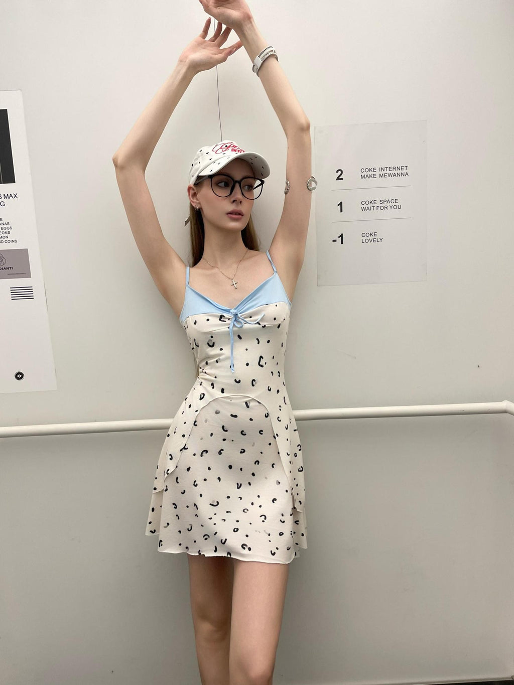 GGLOYDIUS Blue White Polka Dot Spaghetti Strap V-neck Women's Polyester Slip Midi Dresses