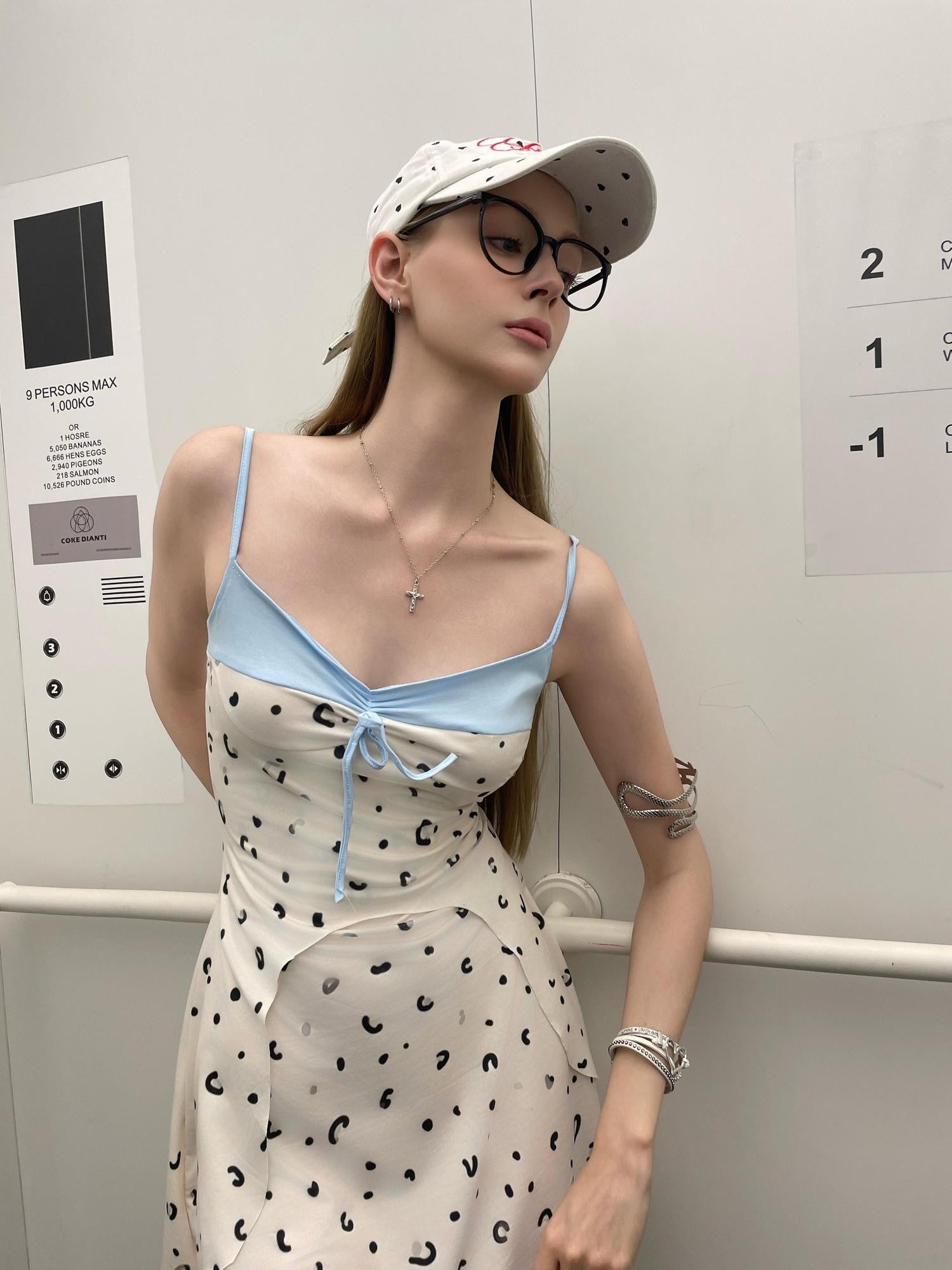 GGLOYDIUS Blue White Polka Dot Spaghetti Strap V-neck Women's Polyester Slip Midi Dresses
