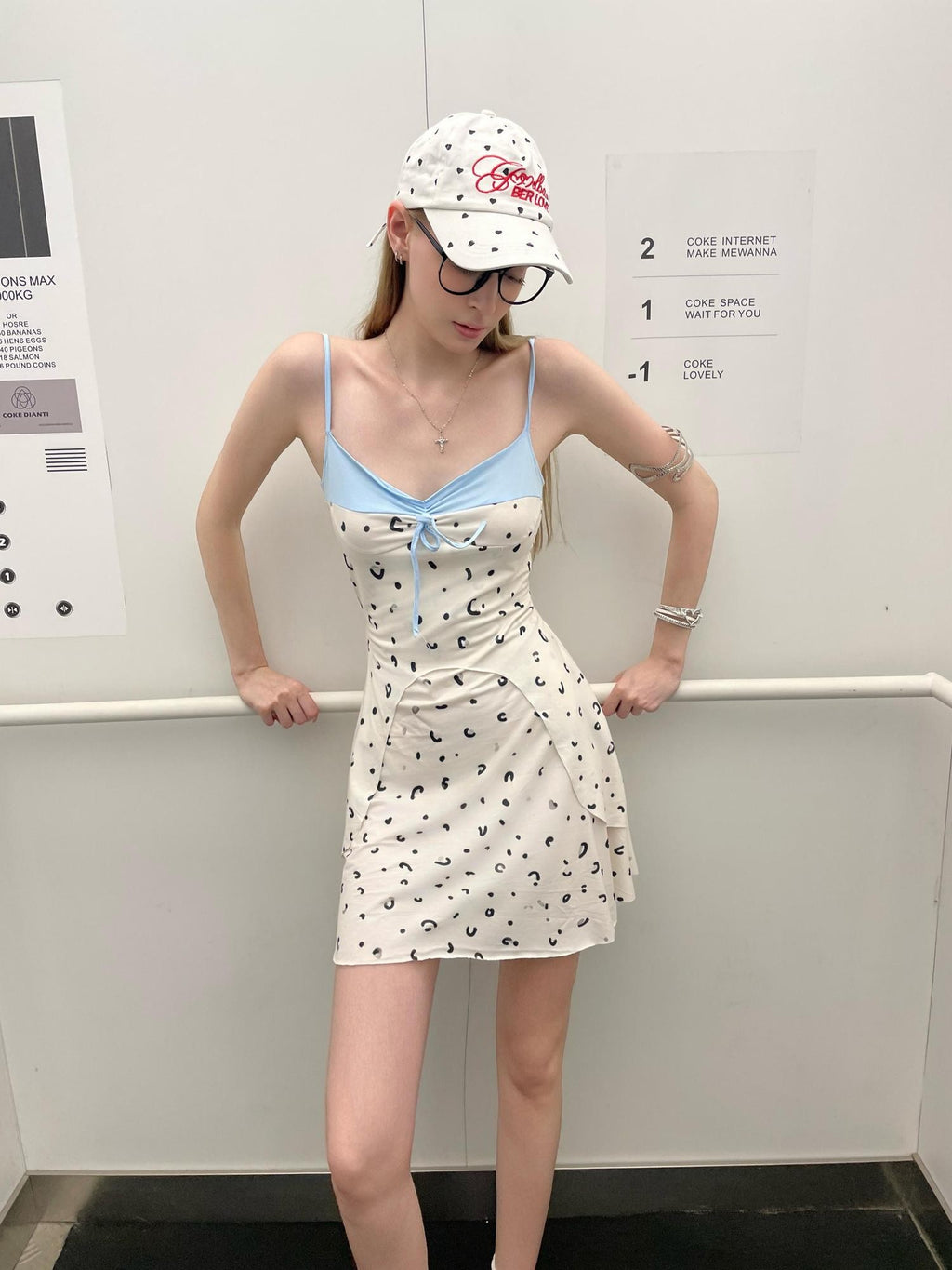 GGLOYDIUS Blue White Polka Dot Spaghetti Strap V-neck Women's Polyester Slip Midi Dresses