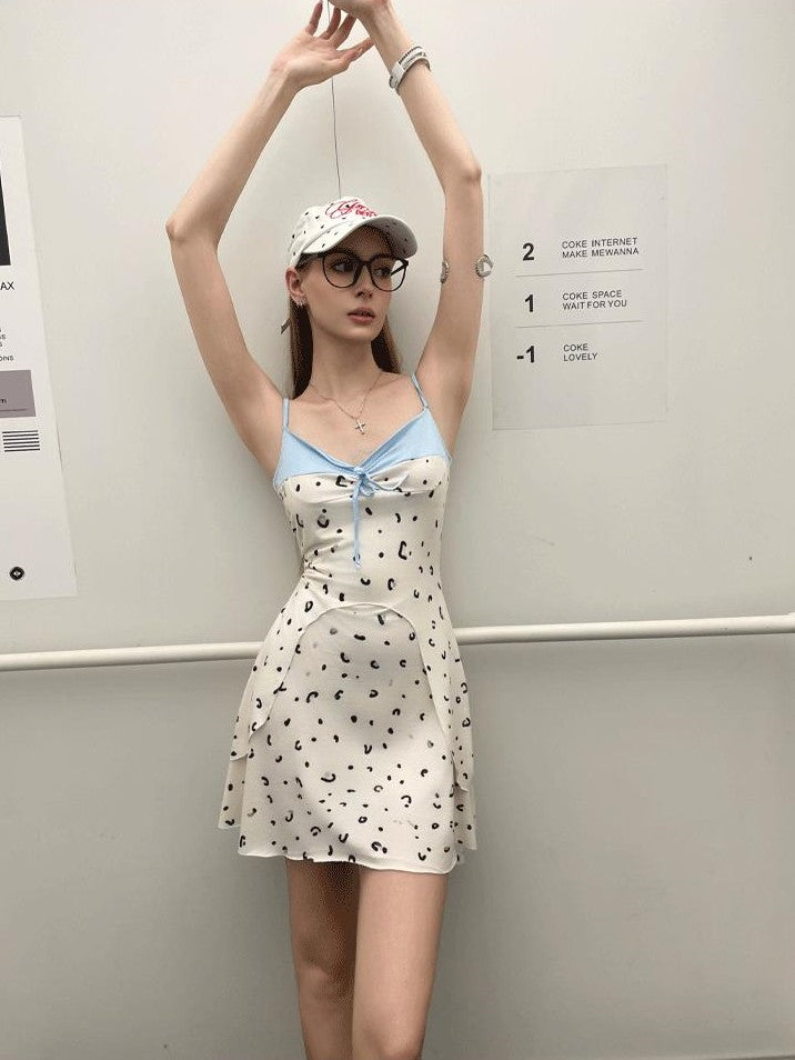 GGLOYDIUS Blue White Polka Dot Spaghetti Strap V-neck Women's Polyester Slip Midi Dresses