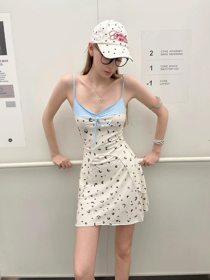GGLOYDIUS Blue White Polka Dot Spaghetti Strap V-neck Women's Polyester Slip Midi Dresses