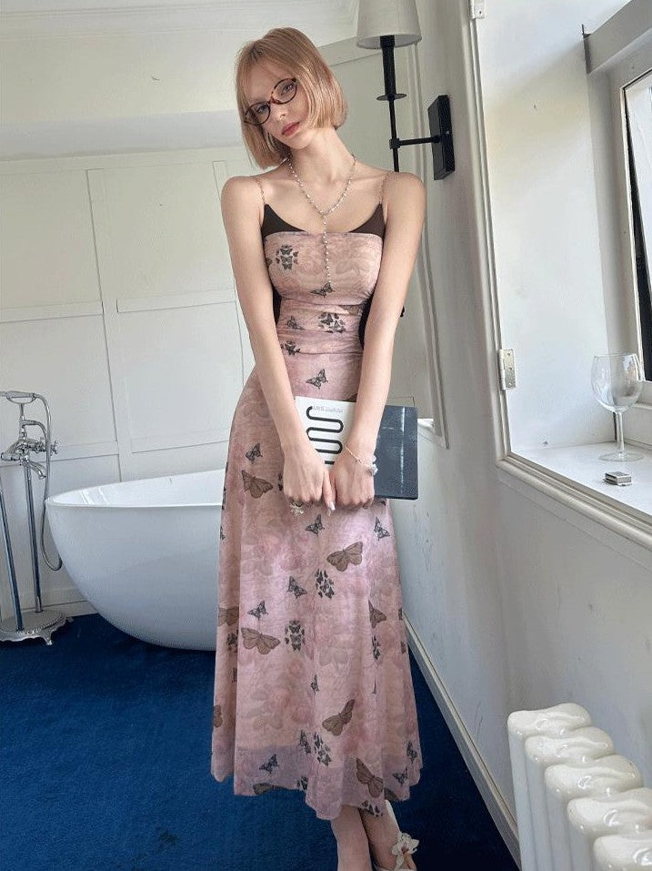 GGLOYDIUS Butterfly Floral French Vintage A Line Women's High Waist Slip Maxi Dresses