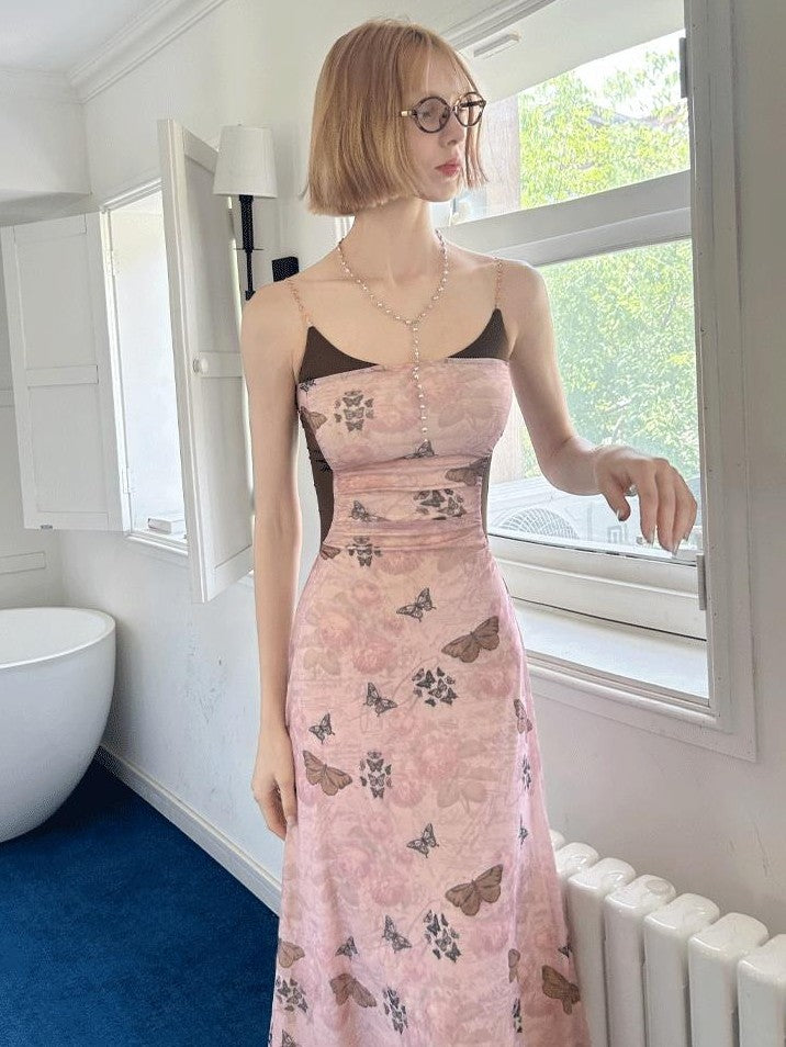 GGLOYDIUS Butterfly Floral French Vintage A Line Women's High Waist Slip Maxi Dresses