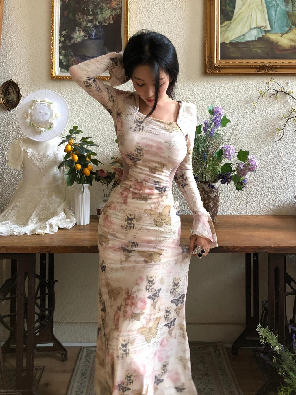 GGLOYDIUS Butterfly Print Bell Sleeve Ruched Waist Women's Triacetate Bodycon Maxi Dresses