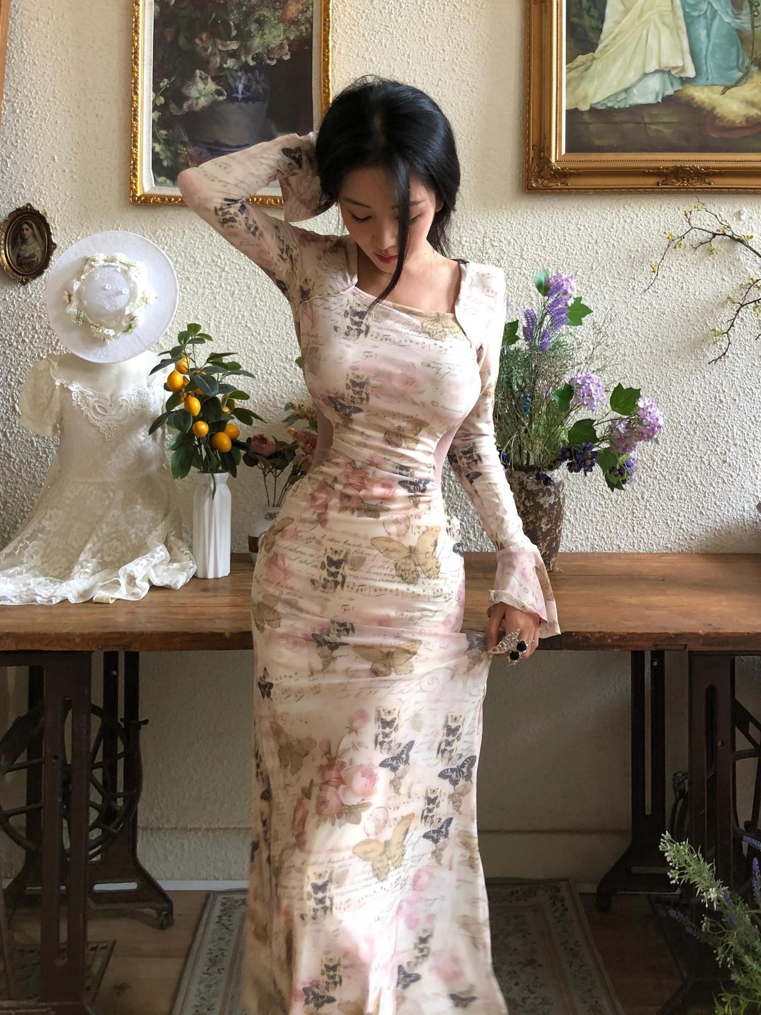 GGLOYDIUS Butterfly Print Bell Sleeve Ruched Waist Women's Triacetate Bodycon Maxi Dresses