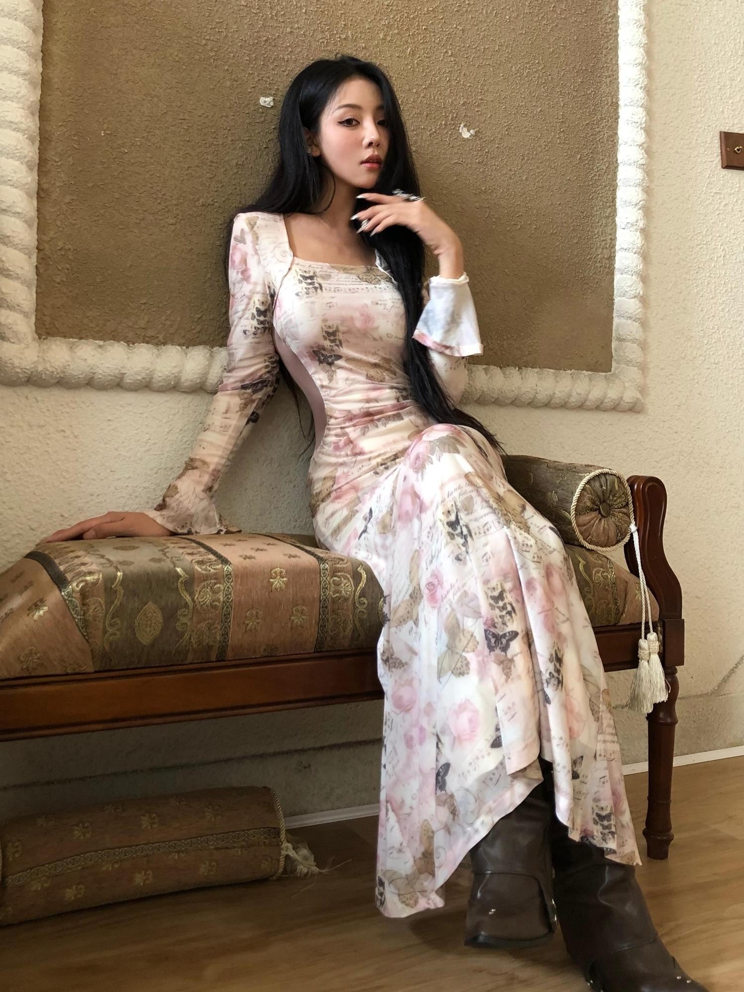GGLOYDIUS Butterfly Print Bell Sleeve Ruched Waist Women's Triacetate Bodycon Maxi Dresses