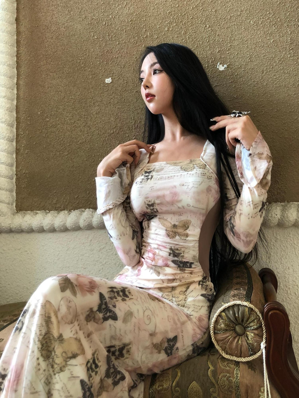 GGLOYDIUS Butterfly Print Bell Sleeve Ruched Waist Women's Triacetate Bodycon Maxi Dresses