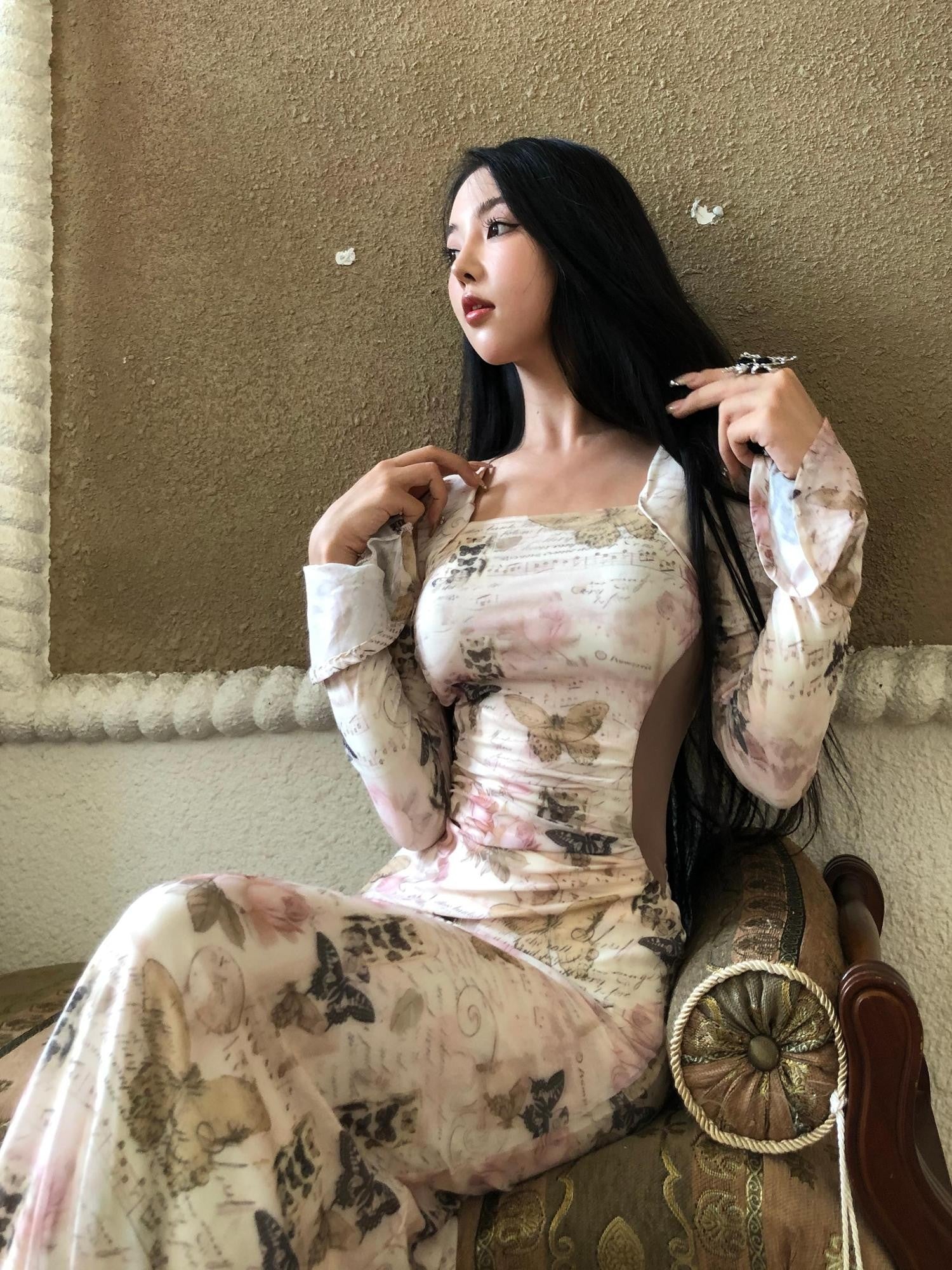 GGLOYDIUS Butterfly Print Bell Sleeve Ruched Waist Women's Triacetate Bodycon Maxi Dresses