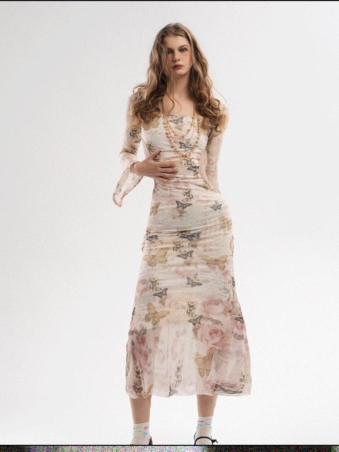 GGLOYDIUS Butterfly Print Bell Sleeve Ruched Waist Women's Triacetate Bodycon Maxi Dresses