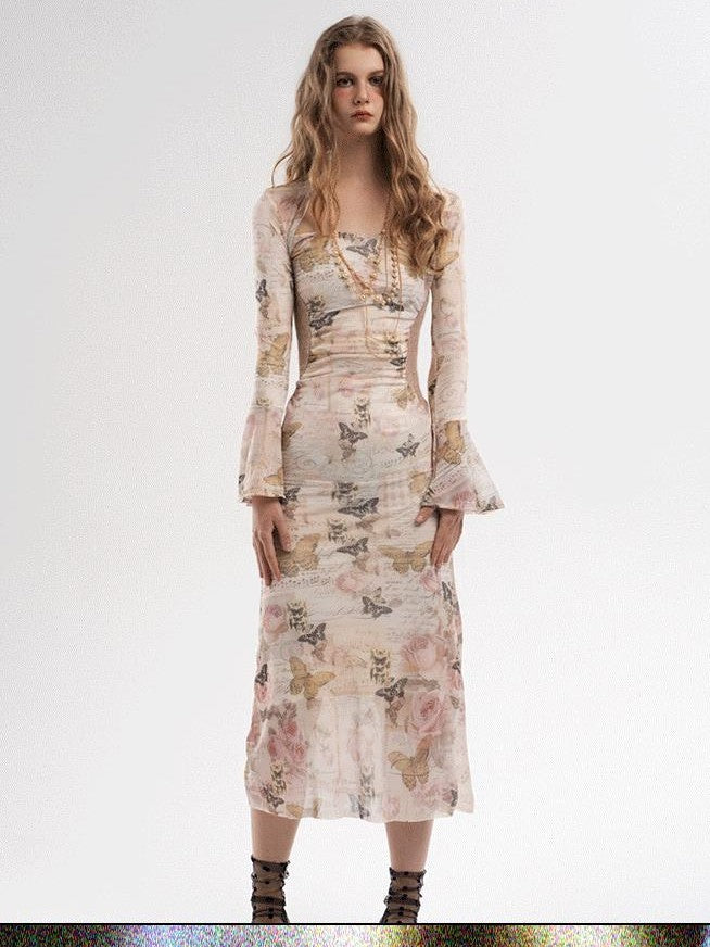 GGLOYDIUS Butterfly Print Bell Sleeve Ruched Waist Women's Triacetate Bodycon Maxi Dresses
