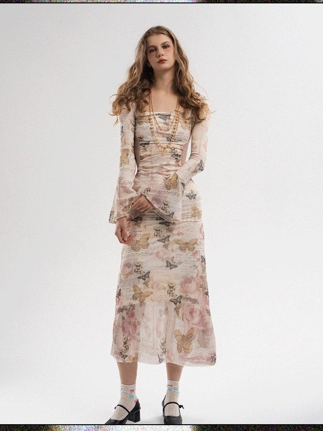 GGLOYDIUS Butterfly Print Bell Sleeve Ruched Waist Women's Triacetate Bodycon Maxi Dresses