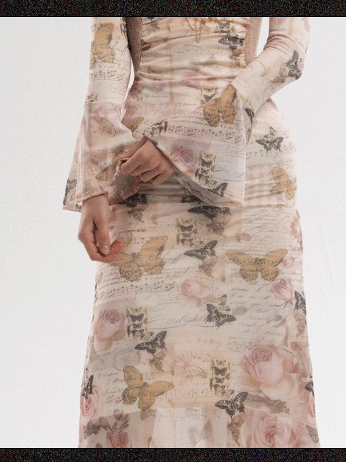 GGLOYDIUS Butterfly Print Bell Sleeve Ruched Waist Women's Triacetate Bodycon Maxi Dresses