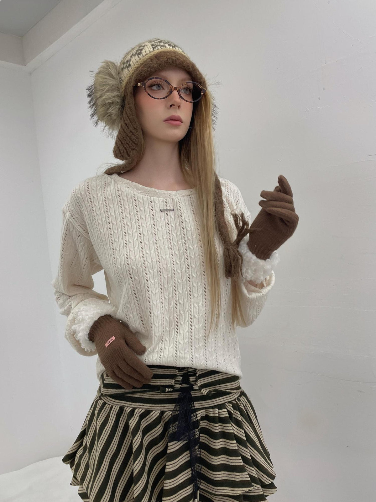 GGLOYDIUS Cable Knit Relaxed Fit Long Sleeve Round Neck Women's Kapok Sweaters