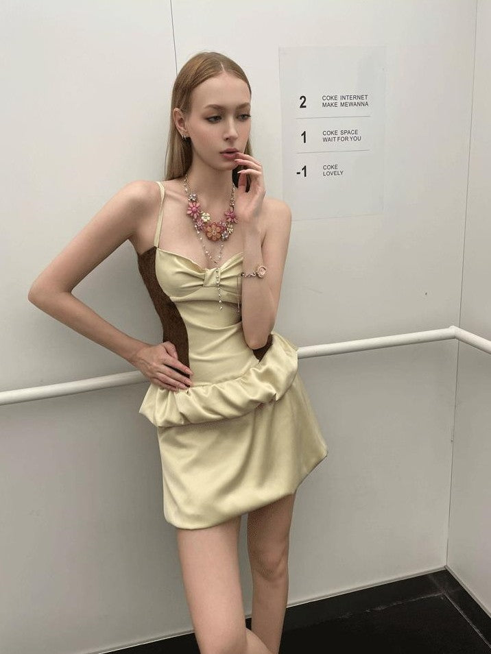 GGLOYDIUS Champagne Colorblock Ruffle Spaghetti Women's Polyester Slip Mini Dresses