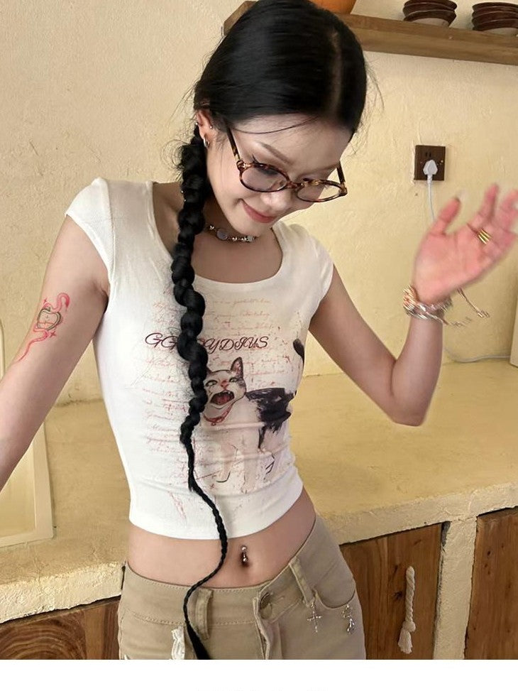 GGLOYDIUS Cute Cat Print Lace Trim Cropped U Neck Women's Cotton Casual Top & Shorts Sets