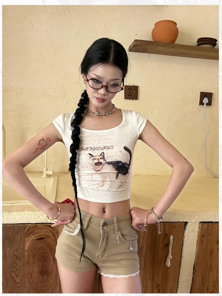 GGLOYDIUS Cute Cat Print Lace Trim Cropped U Neck Women's Cotton Casual Top & Shorts Sets
