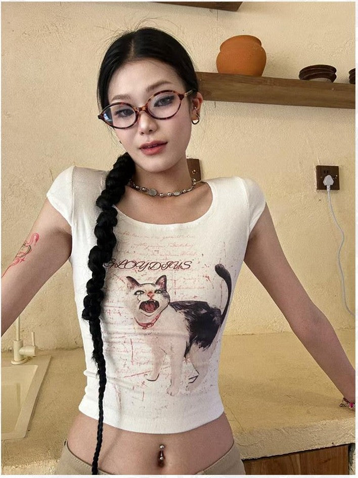 GGLOYDIUS Cute Cat Print Lace Trim Cropped U Neck Women's Cotton Casual Top & Shorts Sets