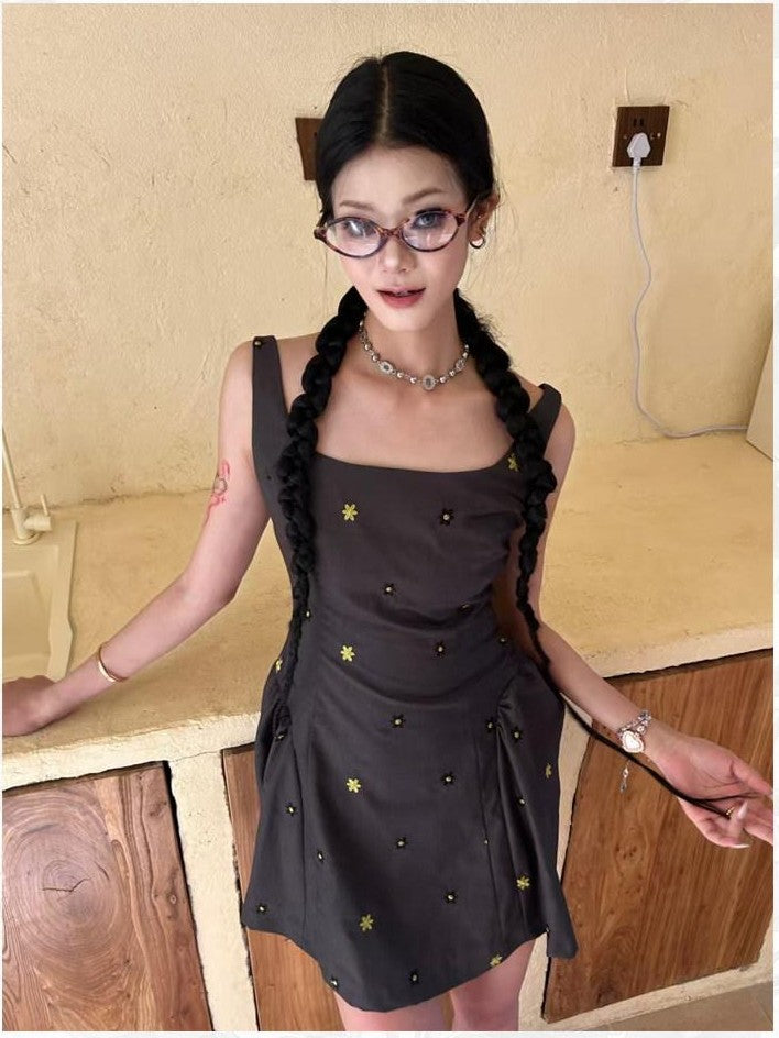 GGLOYDIUS Dark Gray Daisy Print Cinched Waist Women's Poly Cotton Slip Mini Dresses