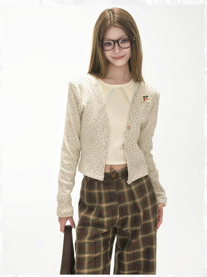 GGLOYDIUS Floral Print Bow Button Collarless Knit Women's Boleros & Shrugs